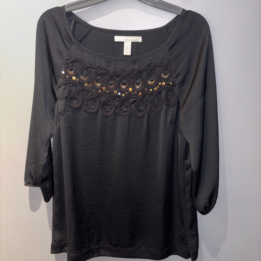 Banana Republic‎ Heritage Blouse Black Embroidered Sequins Women's S Careerwear